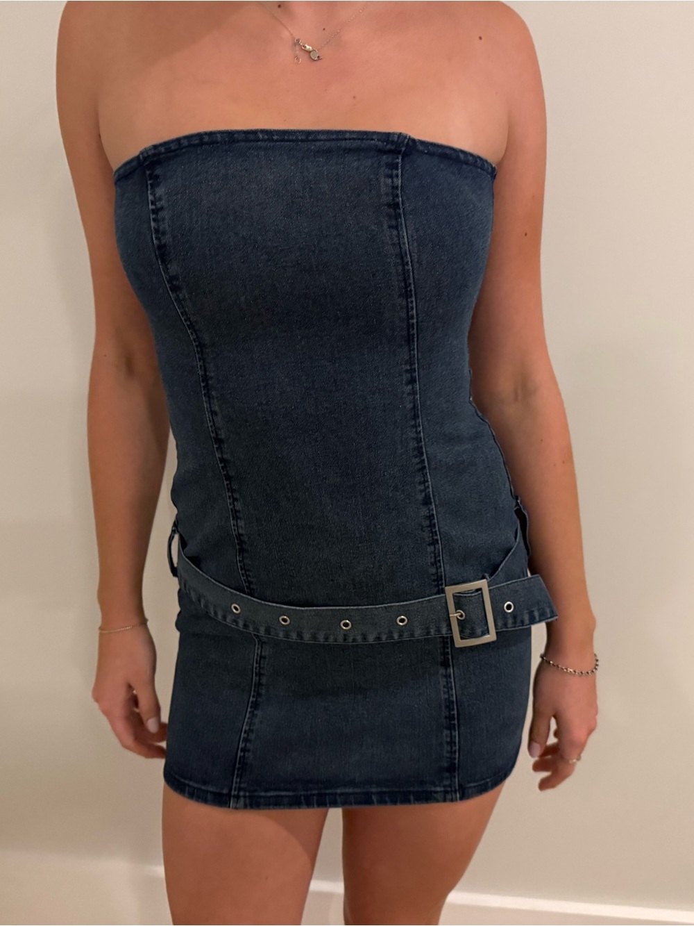 superdown Strapless Dark Denim Mini Dress with Belt Accent